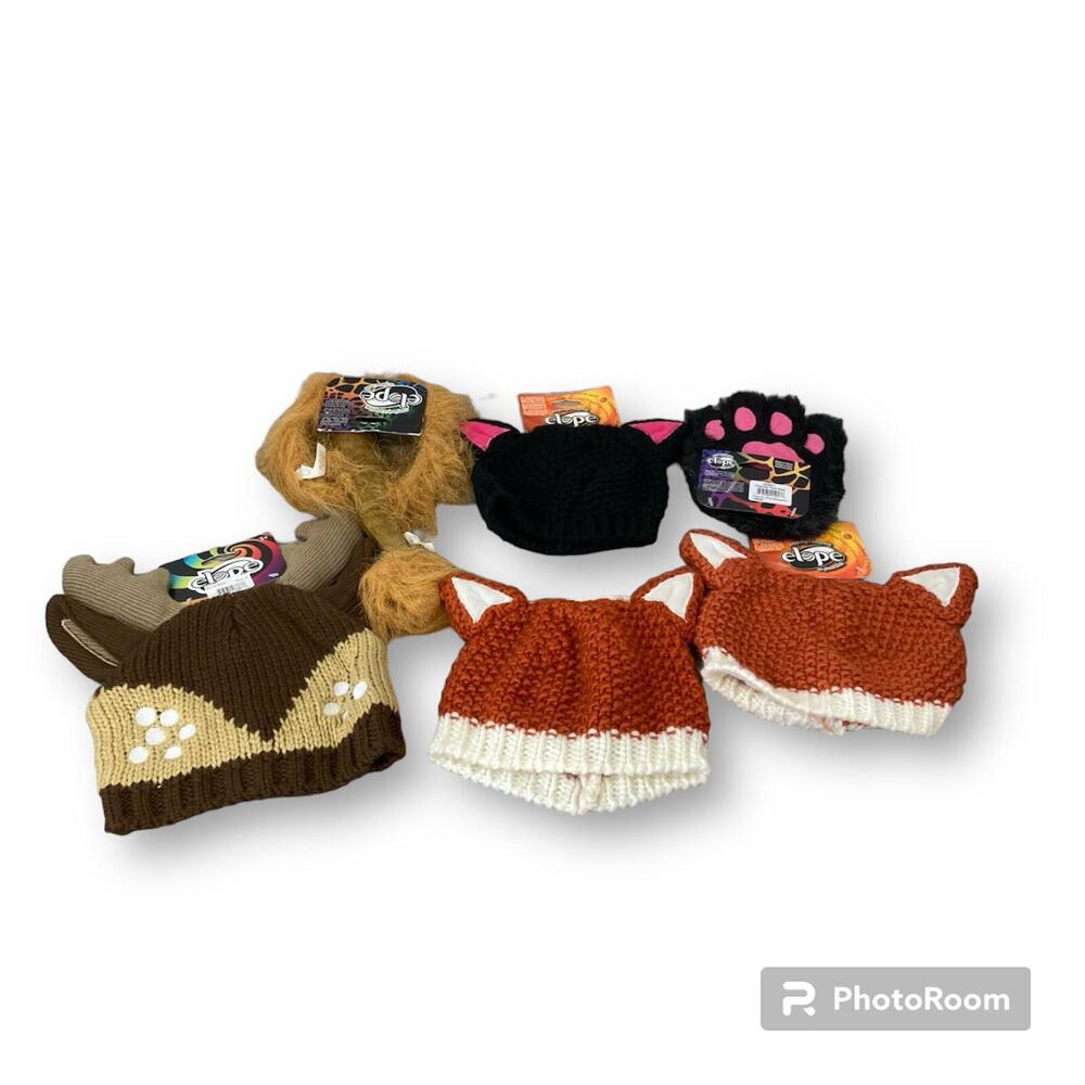 Lot/6 Elope Animal Knit Beanie Costume Hat Cat Fox Reindeer Paw Gloves Lion Kit